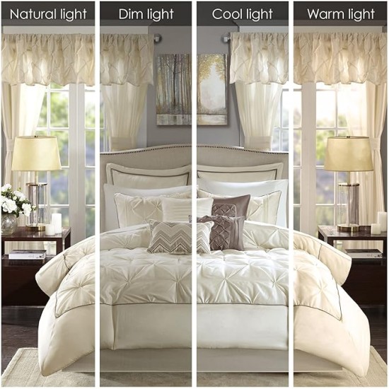 Essentials Room in a Bag Faux Silk Comforter Set - Luxe Diamond Tufting All Season Bedding, Matching Curtains, Decorative Pillows, Ivory King(104"x92") 24 Piece
