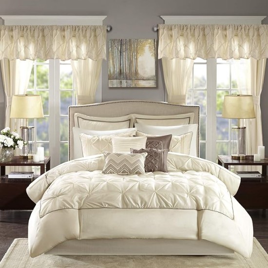 Essentials Room in a Bag Faux Silk Comforter Set - Luxe Diamond Tufting All Season Bedding, Matching Curtains, Decorative Pillows, Ivory King(104"x92") 24 Piece
