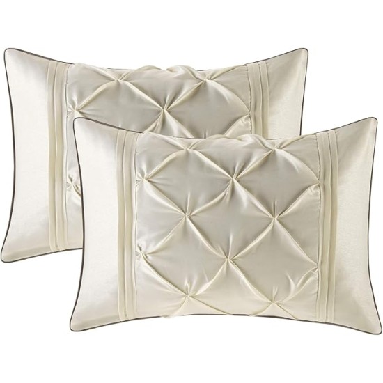 Essentials Room in a Bag Faux Silk Comforter Set - Luxe Diamond Tufting All Season Bedding, Matching Curtains, Decorative Pillows, Ivory King(104"x92") 24 Piece