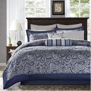 Aubrey Cozy Comforter Set, Faux Silk Jacquard Paisley Design - All Season Down Alternative Bedding with Cotton Bed Sheets, Bed Skirt & Toss Pillows, King Navy 12 Piece