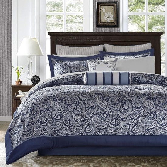 Aubrey Cozy Comforter Set, Faux Silk Jacquard Paisley Design - All Season Down Alternative Bedding with Cotton Bed Sheets, Bed Skirt & Toss Pillows, King Navy 12 Piece