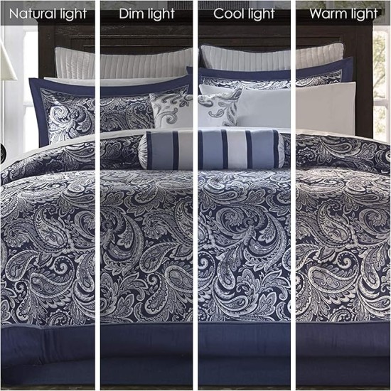 Aubrey Cozy Comforter Set, Faux Silk Jacquard Paisley Design - All Season Down Alternative Bedding with Cotton Bed Sheets, Bed Skirt & Toss Pillows, King Navy 12 Piece