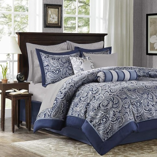 Aubrey Cozy Comforter Set, Faux Silk Jacquard Paisley Design - All Season Down Alternative Bedding with Cotton Bed Sheets, Bed Skirt & Toss Pillows, King Navy 12 Piece