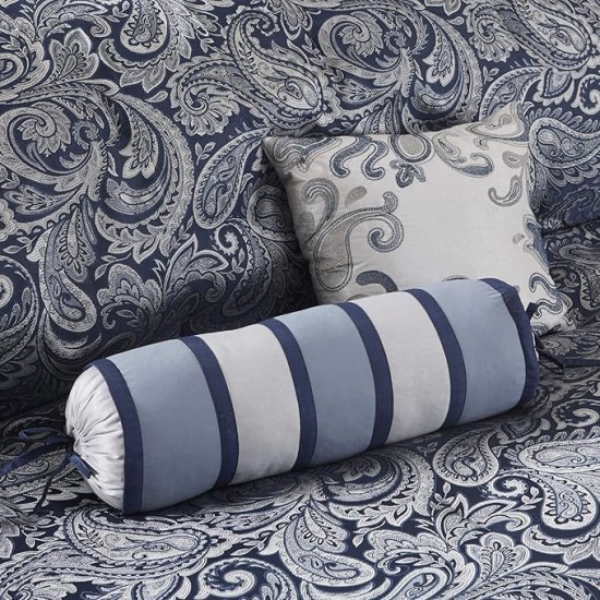 Aubrey Cozy Comforter Set, Faux Silk Jacquard Paisley Design - All Season Down Alternative Bedding with Cotton Bed Sheets, Bed Skirt & Toss Pillows, King Navy 12 Piece