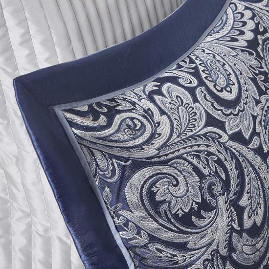 Aubrey Cozy Comforter Set, Faux Silk Jacquard Paisley Design - All Season Down Alternative Bedding with Cotton Bed Sheets, Bed Skirt & Toss Pillows, King Navy 12 Piece