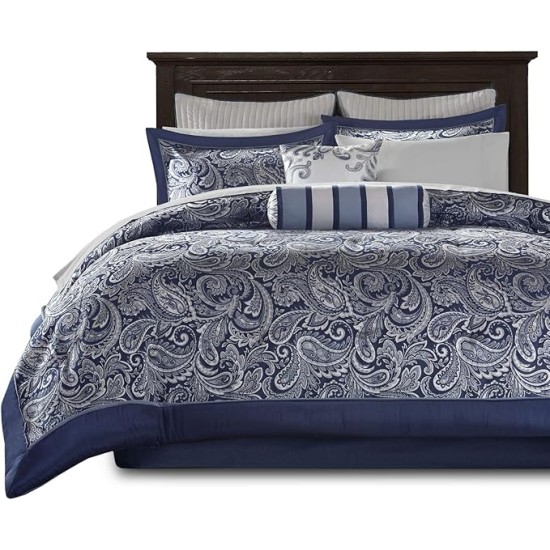 Aubrey Cozy Comforter Set, Faux Silk Jacquard Paisley Design - All Season Down Alternative Bedding with Cotton Bed Sheets, Bed Skirt & Toss Pillows, King Navy 12 Piece