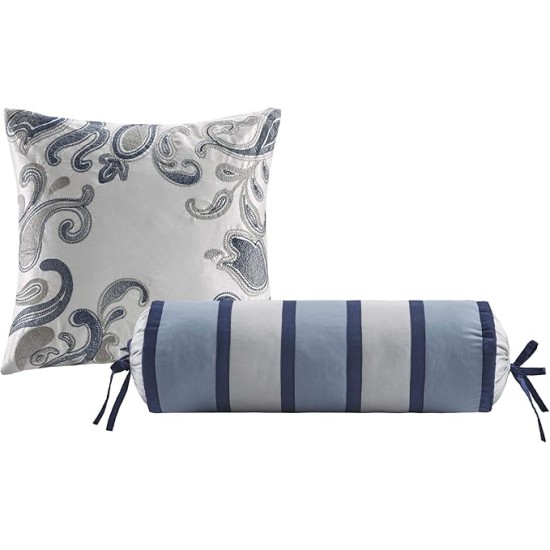 Aubrey Cozy Comforter Set, Faux Silk Jacquard Paisley Design - All Season Down Alternative Bedding with Cotton Bed Sheets, Bed Skirt & Toss Pillows, King Navy 12 Piece