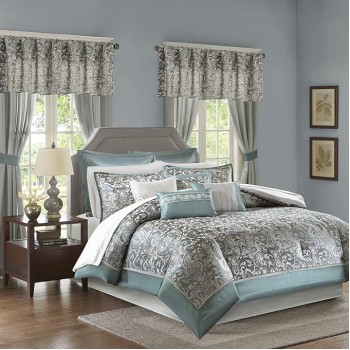 Essentials Brystol 24 Piece Room in a Bag Faux Silk Comforter Jacquard Paisley Design Matching Curtains - Down Alternative Hypoallergenic All Season Bedding-Set, Cal King, Teal 24 Piece