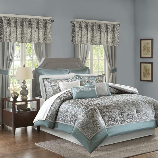 Essentials Brystol 24 Piece Room in a Bag Faux Silk Comforter Jacquard Paisley Design Matching Curtains - Down Alternative Hypoallergenic All Season Bedding-Set, Cal King, Teal 24 Piece