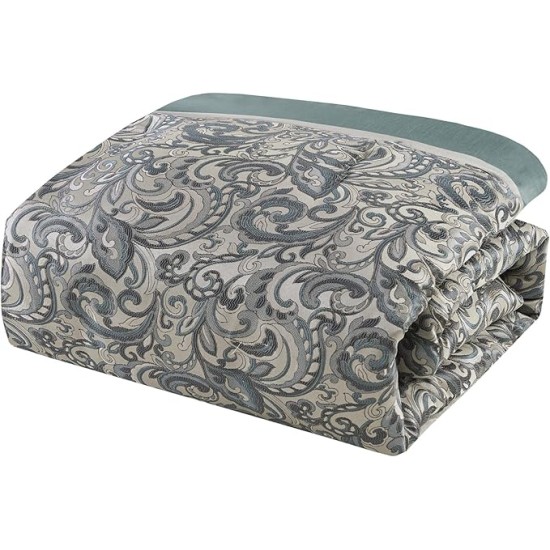 Essentials Brystol 24 Piece Room in a Bag Faux Silk Comforter Jacquard Paisley Design Matching Curtains - Down Alternative Hypoallergenic All Season Bedding-Set, Cal King, Teal 24 Piece