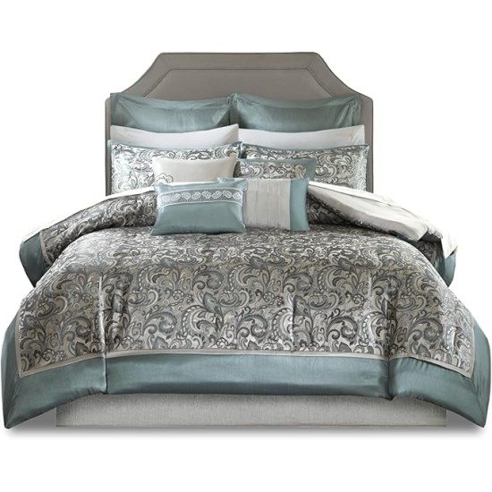 Essentials Brystol 24 Piece Room in a Bag Faux Silk Comforter Jacquard Paisley Design Matching Curtains - Down Alternative Hypoallergenic All Season Bedding-Set, Cal King, Teal 24 Piece