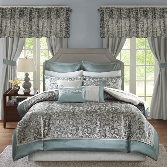 Essentials Brystol 24 Piece Room in a Bag Faux Silk Comforter Jacquard Paisley Design Matching Curtains - Down Alternative Hypoallergenic All Season Bedding-Set, Cal King, Teal 24 Piece