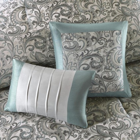 Essentials Brystol 24 Piece Room in a Bag Faux Silk Comforter Jacquard Paisley Design Matching Curtains - Down Alternative Hypoallergenic All Season Bedding-Set, Cal King, Teal 24 Piece