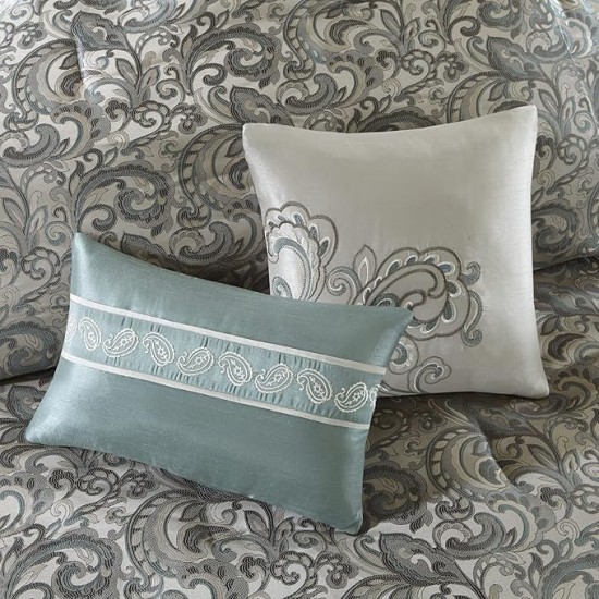 Essentials Brystol 24 Piece Room in a Bag Faux Silk Comforter Jacquard Paisley Design Matching Curtains - Down Alternative Hypoallergenic All Season Bedding-Set, Cal King, Teal 24 Piece