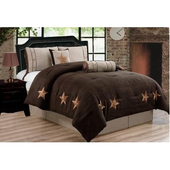 6 Piece Chocolate Brown/Taupe/Camel Oversize Lodge Cabin (California) Cal King Size (106"X 96") Comforter Set Micro Suede Texas Lone Star Rustic Western Decor Bedding