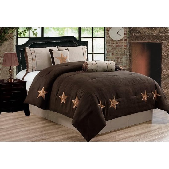 6 Piece Chocolate Brown/Taupe/Camel Oversize Lodge Cabin (California) Cal King Size (106"X 96") Comforter Set Micro Suede Texas Lone Star Rustic Western Decor Bedding