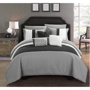 Osnat 10 Piece Color Block Quilted Embroidered Design Bag Bedding – Sheets Decorative Pillows Shams Included Comforter Set, King, Grey