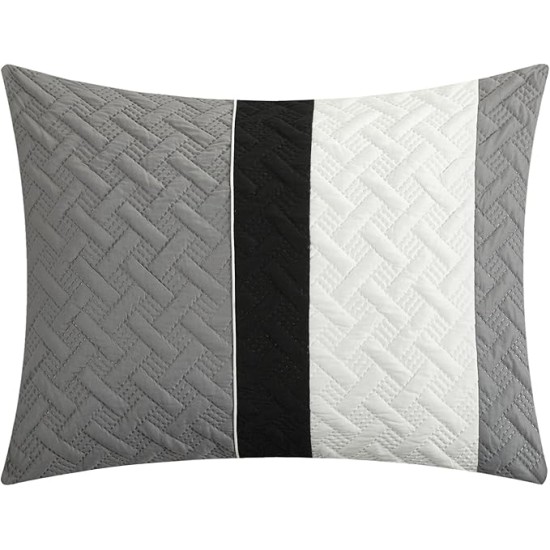 Osnat 10 Piece Color Block Quilted Embroidered Design Bag Bedding – Sheets Decorative Pillows Shams Included Comforter Set, King, Grey