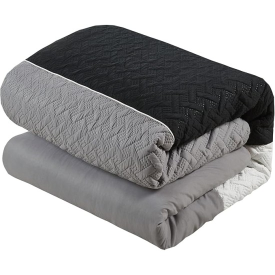 Osnat 10 Piece Color Block Quilted Embroidered Design Bag Bedding – Sheets Decorative Pillows Shams Included Comforter Set, King, Grey