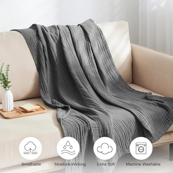 100% Cotton Muslin Throw Blanket 50" x 60", 4-Layer Lightweight and Breathable Blanket, Luxuriously Soft Gauze Blanket for Couch Bed Sofa, Elegant Home Decoration, Black Grey