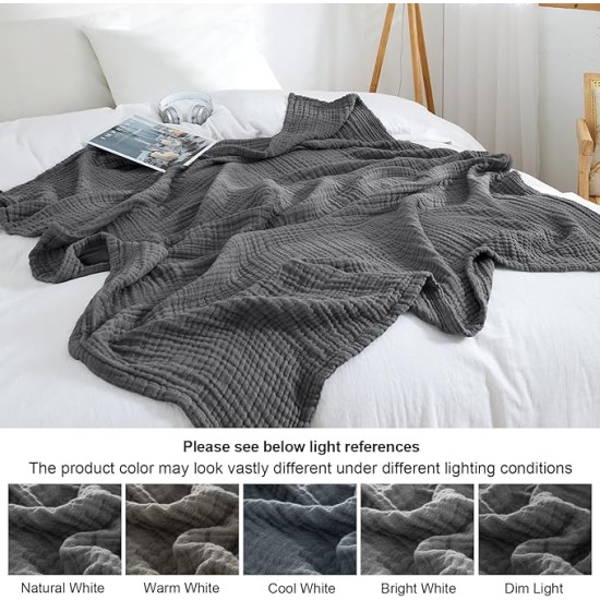 100% Cotton Muslin Throw Blanket 50" x 60", 4-Layer Lightweight and Breathable Blanket, Luxuriously Soft Gauze Blanket for Couch Bed Sofa, Elegant Home Decoration, Black Grey