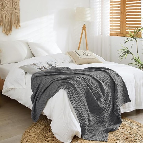 100% Cotton Muslin Throw Blanket 50" x 60", 4-Layer Lightweight and Breathable Blanket, Luxuriously Soft Gauze Blanket for Couch Bed Sofa, Elegant Home Decoration, Black Grey