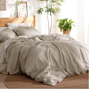 Linen Duvet Cover Queen - Linen Cotton Blend Duvet Cover Set, Linen Color, 3 Pieces, 1 Duvet Cover 90 x 90 Inches and 2 Pillowcases, Comforter Sold Separately