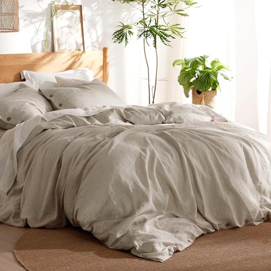 Linen Duvet Cover Queen - Linen Cotton Blend Duvet Cover Set, Linen Color, 3 Pieces, 1 Duvet Cover 90 x 90 Inches and 2 Pillowcases, Comforter Sold Separately