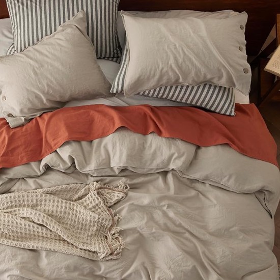 Linen Duvet Cover Queen - Linen Cotton Blend Duvet Cover Set, Linen Color, 3 Pieces, 1 Duvet Cover 90 x 90 Inches and 2 Pillowcases, Comforter Sold Separately