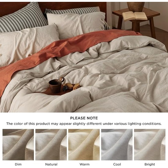 Linen Duvet Cover Queen - Linen Cotton Blend Duvet Cover Set, Linen Color, 3 Pieces, 1 Duvet Cover 90 x 90 Inches and 2 Pillowcases, Comforter Sold Separately