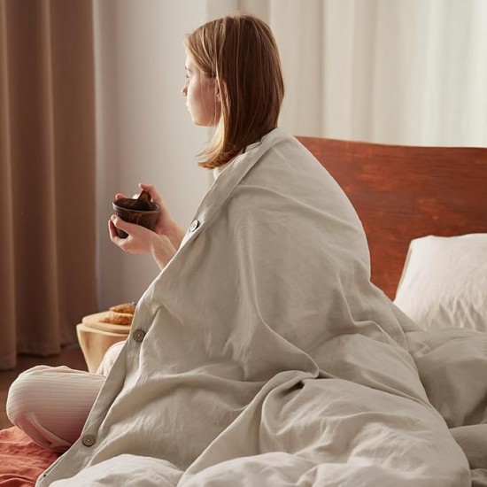 Linen Duvet Cover Queen - Linen Cotton Blend Duvet Cover Set, Linen Color, 3 Pieces, 1 Duvet Cover 90 x 90 Inches and 2 Pillowcases, Comforter Sold Separately