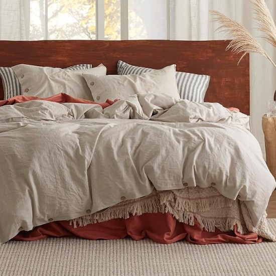 Linen Duvet Cover Queen - Linen Cotton Blend Duvet Cover Set, Linen Color, 3 Pieces, 1 Duvet Cover 90 x 90 Inches and 2 Pillowcases, Comforter Sold Separately