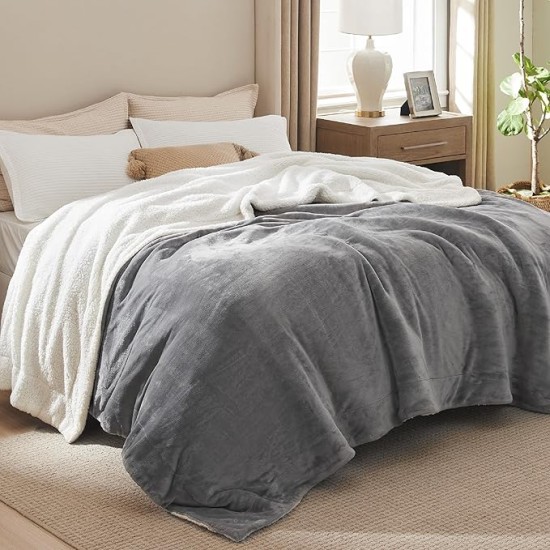 Sherpa Fleece Blankets King Size for Bed - Thick and Warm Blanket for Winter, Soft Fuzzy Plush King Blanket for All Seasons, Grey, 108x90 Inches