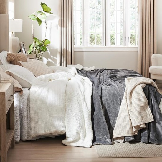 Sherpa Fleece Blankets King Size for Bed - Thick and Warm Blanket for Winter, Soft Fuzzy Plush King Blanket for All Seasons, Grey, 108x90 Inches