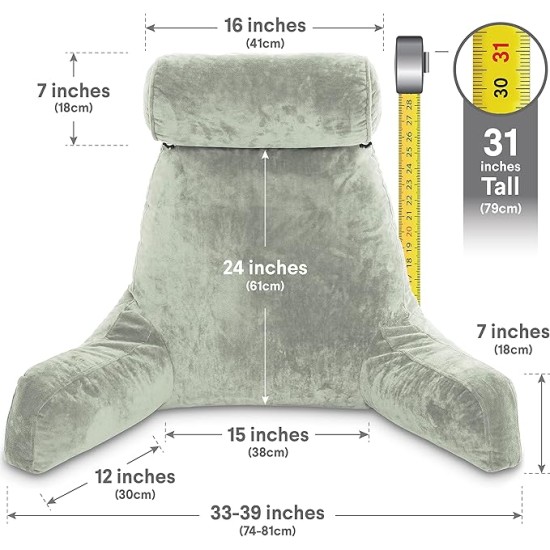 XXL Reading Pillow for Bed Backrest with Arms - Desert Sage - Adult - Shredded Memory Foam, Ultra-Comfy Microplush Cover & Detachable Neck Roll -Unmatched Support Bed Rest Sit Up Pillow