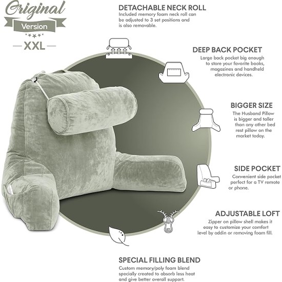 XXL Reading Pillow for Bed Backrest with Arms - Desert Sage - Adult - Shredded Memory Foam, Ultra-Comfy Microplush Cover & Detachable Neck Roll -Unmatched Support Bed Rest Sit Up Pillow