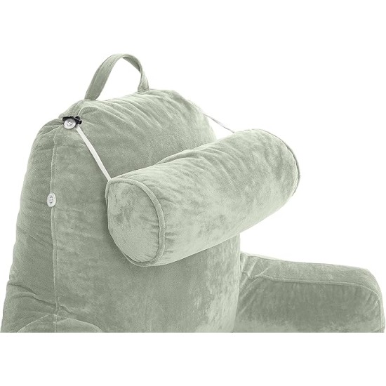 XXL Reading Pillow for Bed Backrest with Arms - Desert Sage - Adult - Shredded Memory Foam, Ultra-Comfy Microplush Cover & Detachable Neck Roll -Unmatched Support Bed Rest Sit Up Pillow