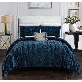 Westmont 4 Piece Comforter Set Crinkle Crushed Velvet Bedding-Decorative Pillow Shams Included, King, Navy