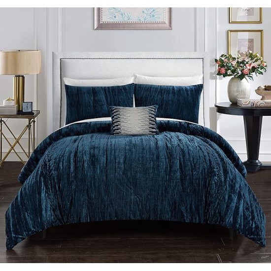 Westmont 4 Piece Comforter Set Crinkle Crushed Velvet Bedding-Decorative Pillow Shams Included, King, Navy
