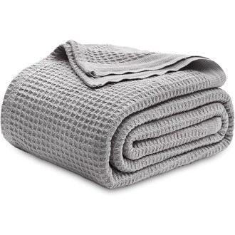 100% Cotton Blanket King Size for Bed - Waffle Weave Fall Blanket, Lightweight and Breathable Soft Woven Blanket for Summer, Grey, 104x90 inches