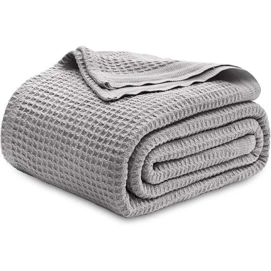 100% Cotton Blanket King Size for Bed - Waffle Weave Fall Blanket, Lightweight and Breathable Soft Woven Blanket for Summer, Grey, 104x90 inches
