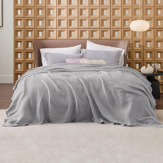100% Cotton Blanket King Size for Bed - Waffle Weave Fall Blanket, Lightweight and Breathable Soft Woven Blanket for Summer, Grey, 104x90 inches