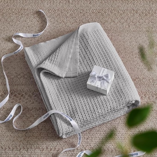 100% Cotton Blanket King Size for Bed - Waffle Weave Fall Blanket, Lightweight and Breathable Soft Woven Blanket for Summer, Grey, 104x90 inches
