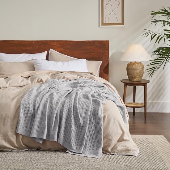 100% Cotton Blanket King Size for Bed - Waffle Weave Fall Blanket, Lightweight and Breathable Soft Woven Blanket for Summer, Grey, 104x90 inches