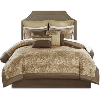 Essentials Brystol 24 Piece Room in a Bag Faux Silk Comforter Jacquard Paisley Design Matching Curtains Down Alternative Hypoallergenic All Season Bedding-Set, Queen(90"x90"), Brown