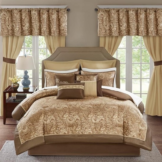 Essentials Brystol 24 Piece Room in a Bag Faux Silk Comforter Jacquard Paisley Design Matching Curtains Down Alternative Hypoallergenic All Season Bedding-Set, Queen(90"x90"), Brown