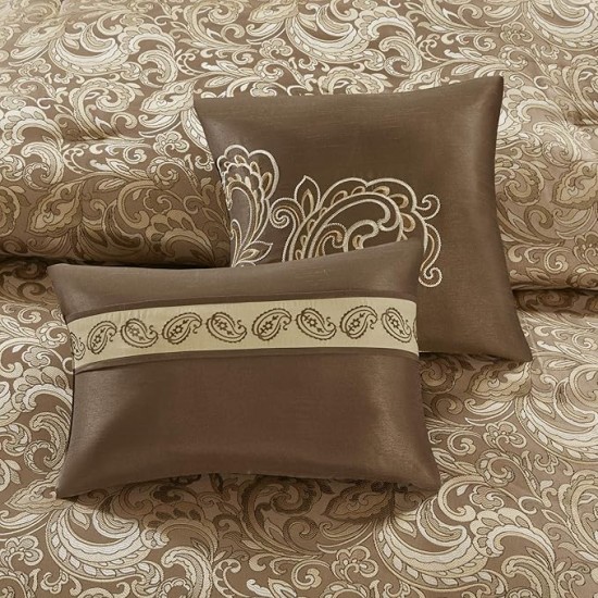 Essentials Brystol 24 Piece Room in a Bag Faux Silk Comforter Jacquard Paisley Design Matching Curtains Down Alternative Hypoallergenic All Season Bedding-Set, Queen(90"x90"), Brown