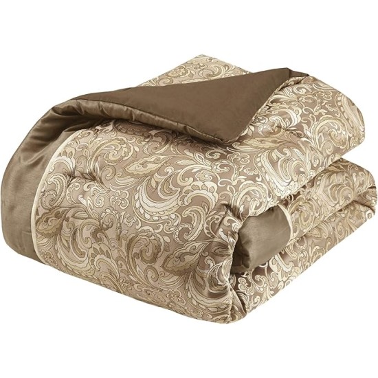 Essentials Brystol 24 Piece Room in a Bag Faux Silk Comforter Jacquard Paisley Design Matching Curtains Down Alternative Hypoallergenic All Season Bedding-Set, Queen(90"x90"), Brown
