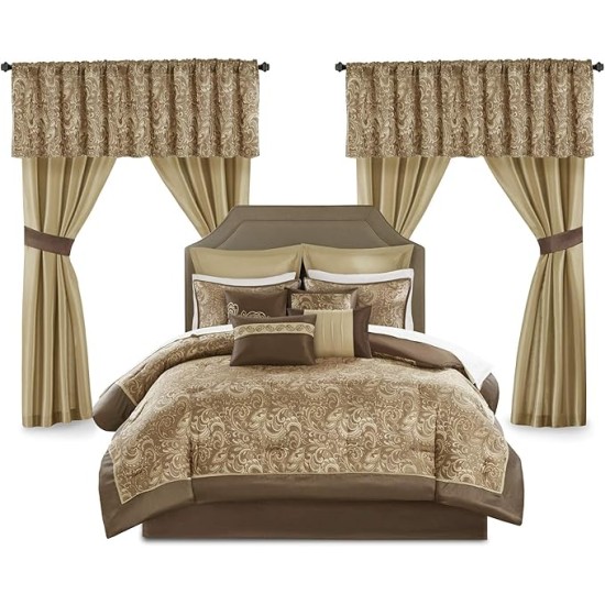 Essentials Brystol 24 Piece Room in a Bag Faux Silk Comforter Jacquard Paisley Design Matching Curtains Down Alternative Hypoallergenic All Season Bedding-Set, Queen(90"x90"), Brown