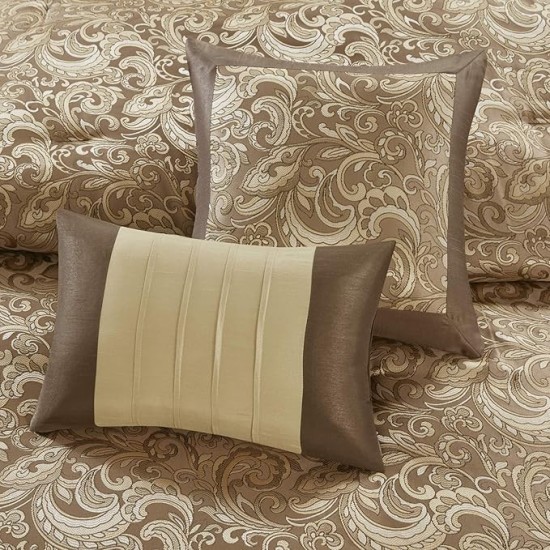 Essentials Brystol 24 Piece Room in a Bag Faux Silk Comforter Jacquard Paisley Design Matching Curtains Down Alternative Hypoallergenic All Season Bedding-Set, Queen(90"x90"), Brown